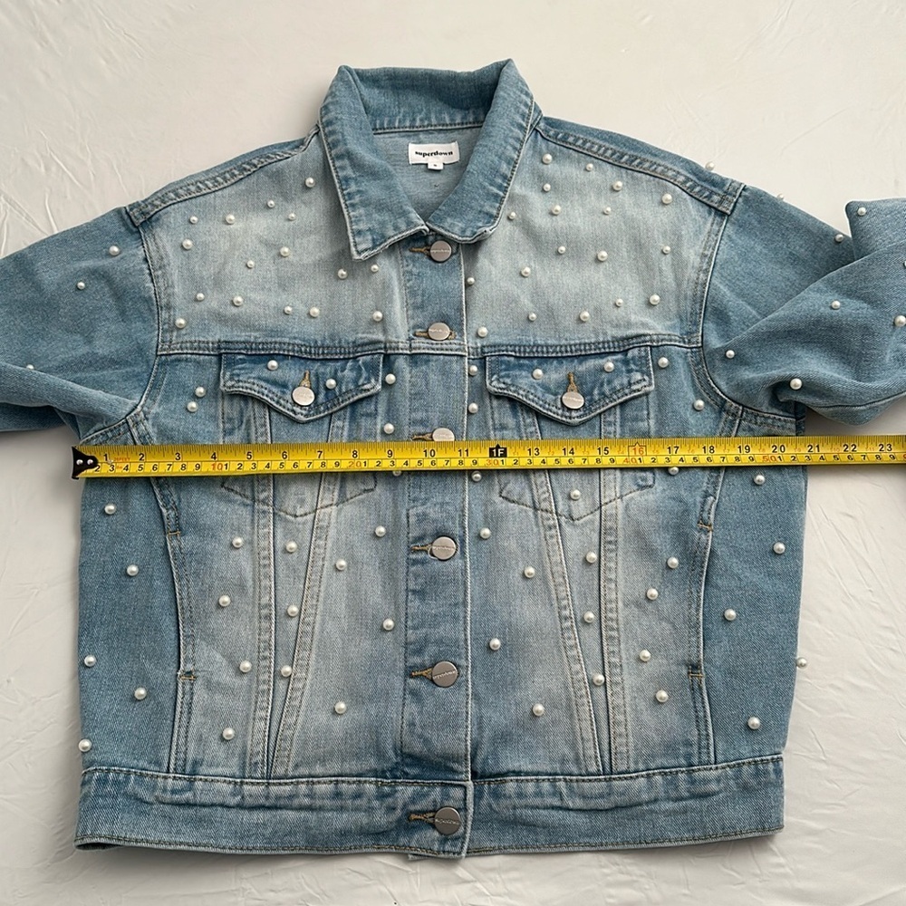 Superdown white pearl embellished light wash blue denim jacket - Picture 6 of 11